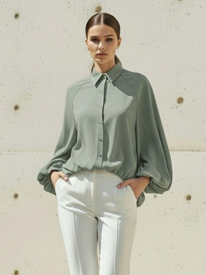 High-Low Puff Sleeves Buttoned Solid Color Split-Joint Lapel Blouses