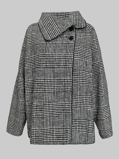 Long Sleeves Loose Asymmetric Houndstooth Plaid Stand Collar Jackets Outerwear