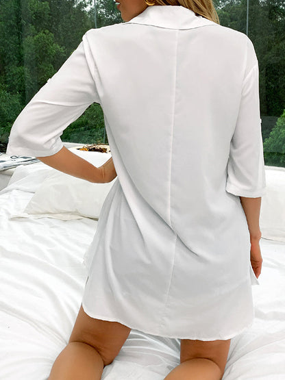 Half Sleeves Loose Pleated Solid Color Split-Joint Split-Side Lapel Blouses&Shirts Tops