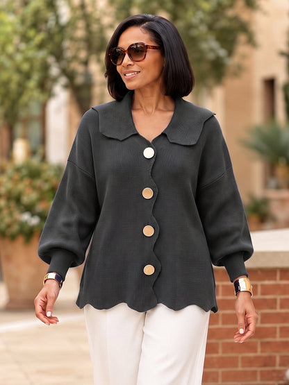 Solid Color Ribbed Knit Buttoned Asymmetric Plus Size Loose Lapel Cardigan Tops