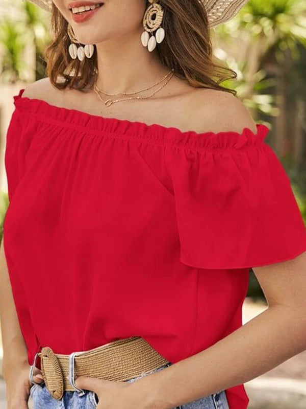 Loose Short Sleeves Elasticity Ruffle Trim Solid Color Off-The-Shoulder Blouses&Shirts Tops
