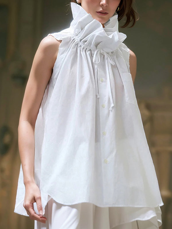 Loose Sleeveless Buttoned Drawstring Pleated Solid Color Stand Collar Vest Top