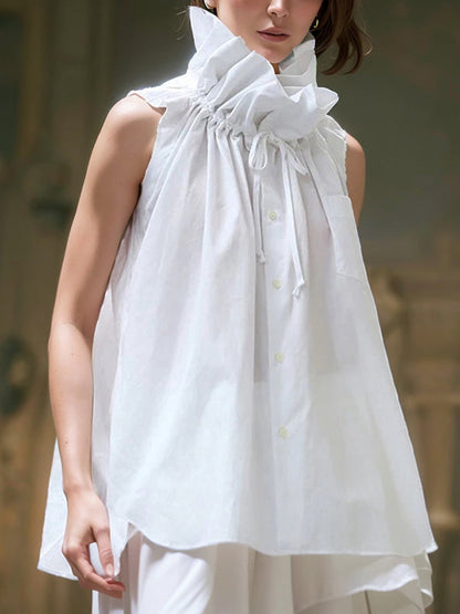 Loose Sleeveless Buttoned Drawstring Pleated Solid Color Stand Collar Vest Top