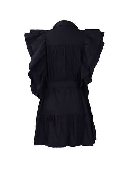 A-Line High Waisted Buttoned Pleated Ruffled Solid Color Tied Waist Lapel Mini Dresses