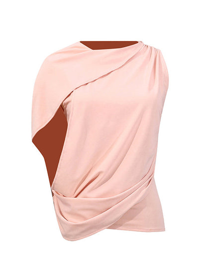 Loose Sleeveless Pleated Solid Color Round-Neck T-Shirts Tops