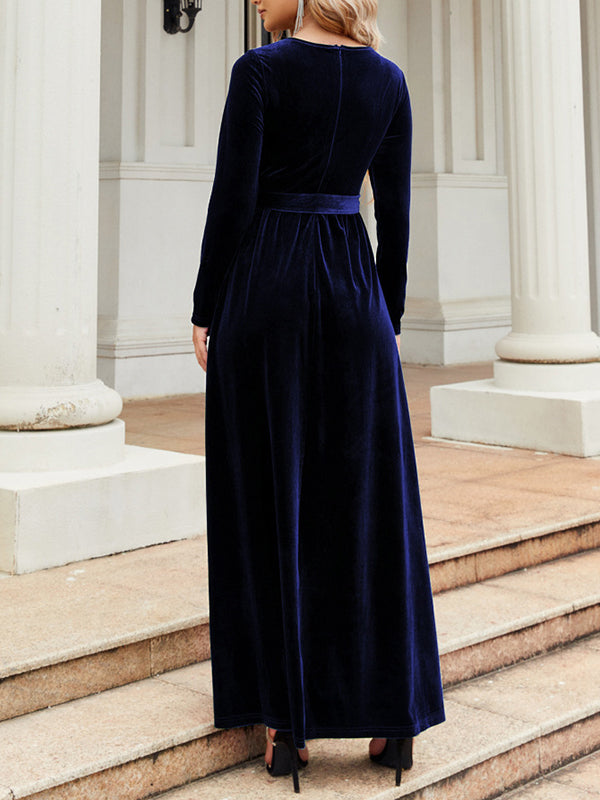 Long Sleeves Wrap Belted Pleated Solid Color Zipper Round-Neck Maxi Dresses