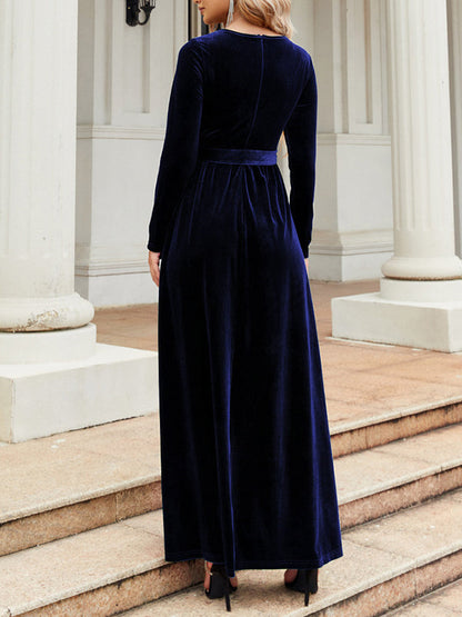 Long Sleeves Wrap Belted Pleated Solid Color Zipper Round-Neck Maxi Dresses