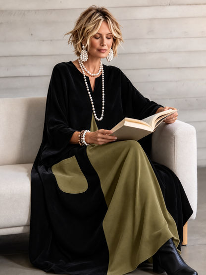 Split-Joint Pockets Contrast Color Loose Long Sleeves V-neck Maxi Dresses