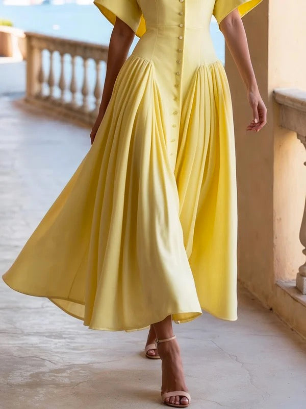 Loose Short Sleeves Buttoned Pleated Solid Color Lapel Collar Midi Dresses Shirt Dress