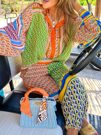 Multi-Color Patchwork Long-Sleeved Lapel Shirt Top + Baggy Pants Pocket Casual Pants Two-Piece Set