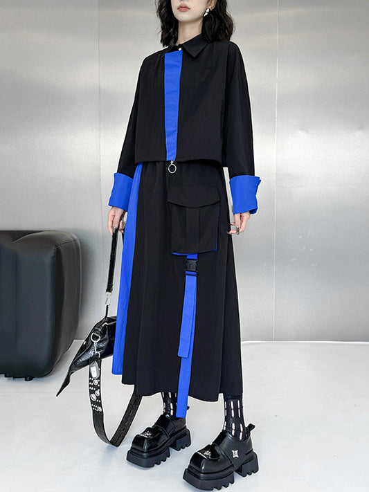 Asymmetric Contrast Color Split-Joint Lapel Blouses&Shirts Tops + A-Line Elasticated Waist Pockets Streamer Skirts Bottoms Two Pieces Set