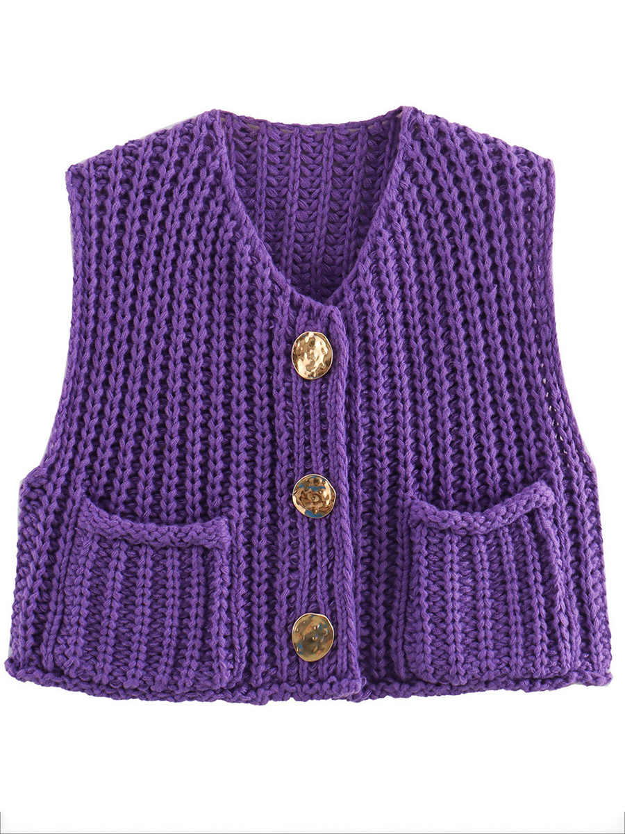 Sleeveless Buttoned Pockets Solid Color Cardigan Tops Knit Top
