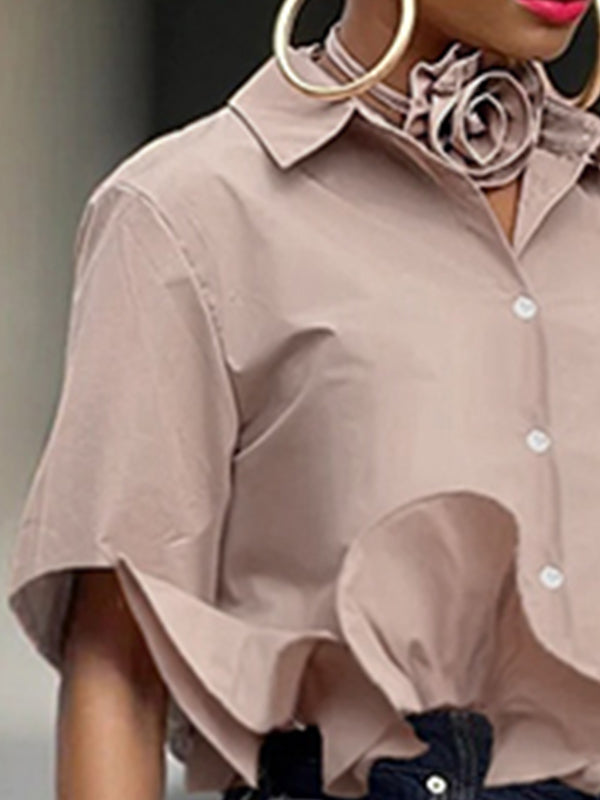 Loose Short Sleeves Ruffled Split-Joint Lapel Blouses