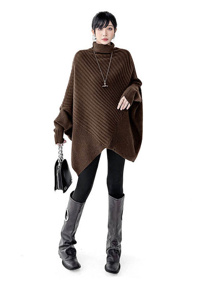 Batwing Sleeves Irregularity Asymmetric Ribbed Knit Solid Color Split-Joint High Neck Sweater Tops