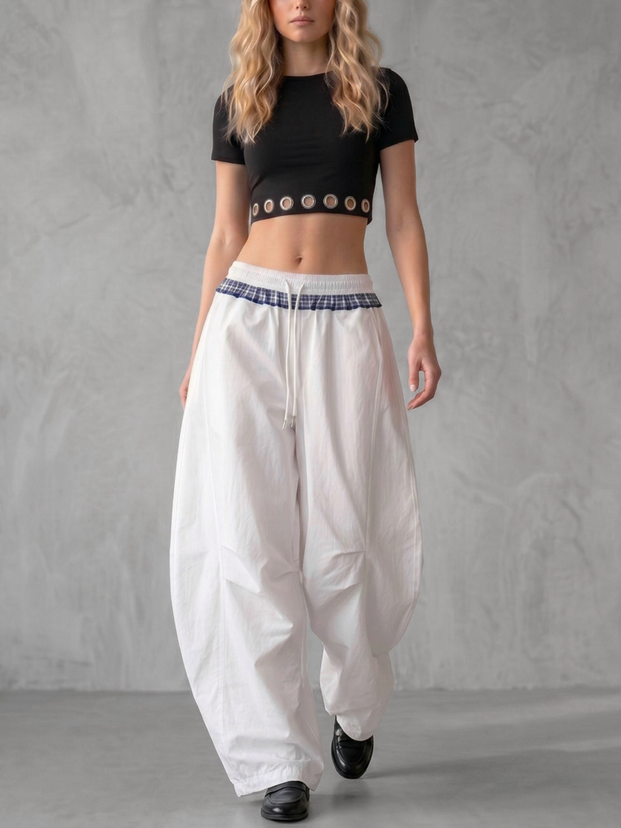 High Waisted Loose Contrast Color Drawstring Pockets Split-Joint Pants Trousers