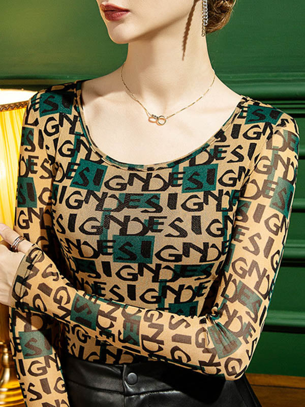 Long Sleeves Skinny Contrast Color Letter Print Round-Neck T-Shirts Tops