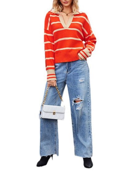 Lange Ärmel, lockere Kontrastfarbe, geteilter Schnitt, gestreifter V-Ausschnitt, Pullover, Oberteile 