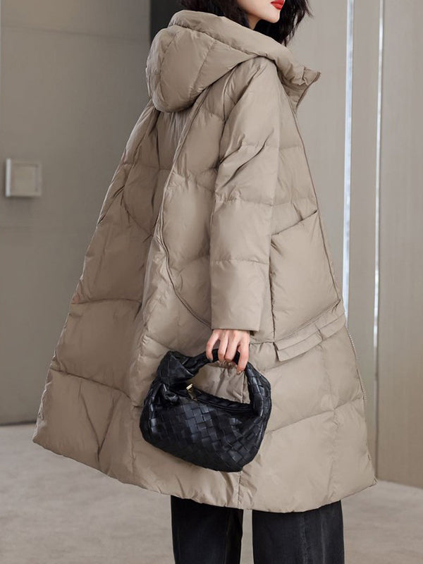 Daunenmantel mit langen Ärmeln, lockeren Taschen, einfarbiger Split-Joint-Kapuze 