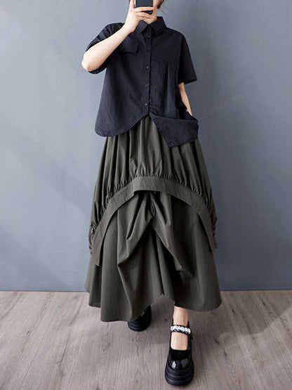 A-Line Loose Asymmetric Elasticity Pleated Pockets Solid Color Skirts Bottoms
