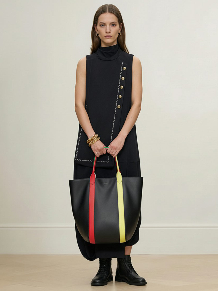 Irregularity Loose Asymmetric Buttoned Contrast Color Layered Line Split-Joint Split-Side Half Turtleneck Maxi Dresses