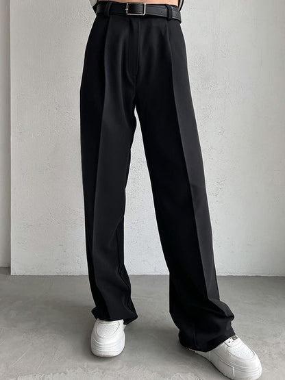 High Waisted Loose No Belt Solid Color Suit Pants Trousers