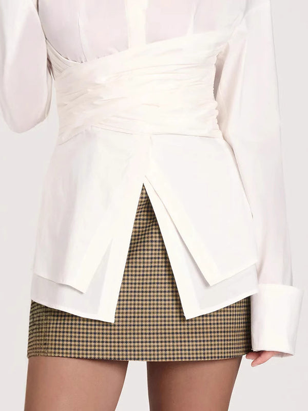 Long Sleeves Pleated Split-Joint Lapel Blouses&Shirts Tops