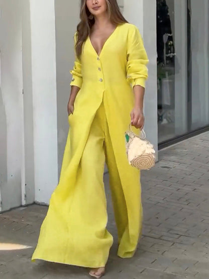 High Waisted Long Sleeves Buttoned Pockets Solid Color V-Neck Jumpsuits