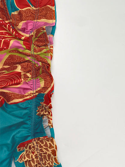 Robe longue trapèze ample à imprimé floral, plissée, fendue et épaules dénudées 