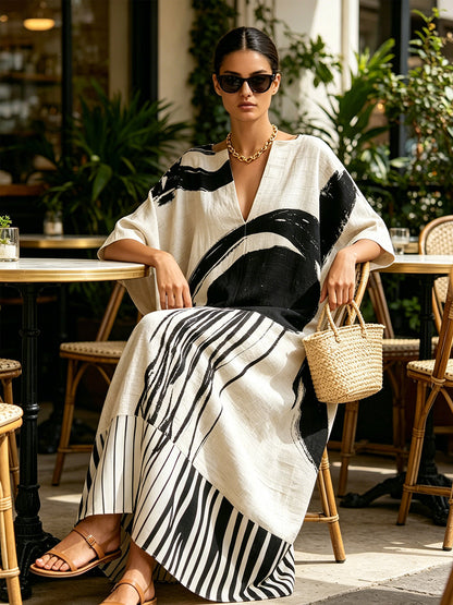 Striped Split-Joint Printed Contrast Color Short Sleeves Loose V-neck Maxi Dresses