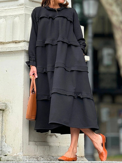 A-Line Loose Ruffled Solid Color Split-Joint Round-Neck Maxi Dresses