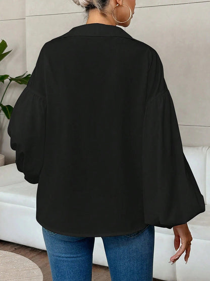 Long Sleeves Loose Pleated Solid Color Split-Joint Lapel Blouses&Shirts Tops
