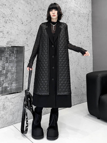 Loose Sleeveless Buttoned Plaid Pockets Solid Color Split-Joint Notched Collar Outerwear Padded Vest