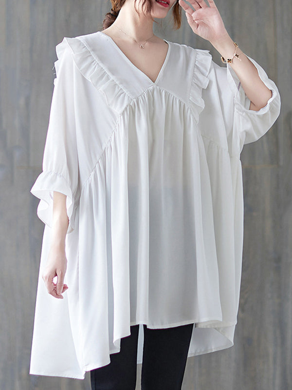 Loose Ruffle Sleeves Ruffled Solid Color Peter Pan Collar Blouses&Shirts Tops