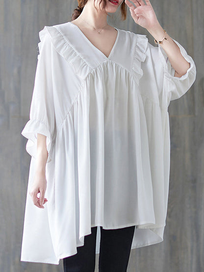 Loose Ruffle Sleeves Ruffled Solid Color Peter Pan Collar Blouses&Shirts Tops