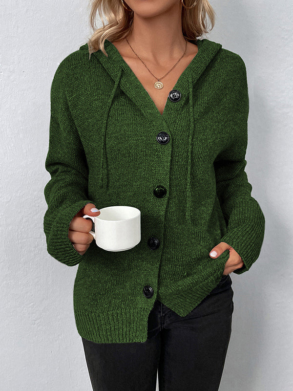 Cardigan boutonné à capuche de couleur unie 