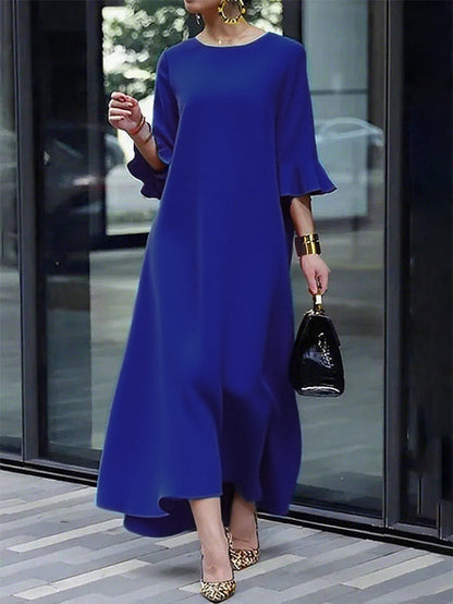 A-Line Flared Sleeves Solid Color Zipper Round-Neck Maxi Dresses