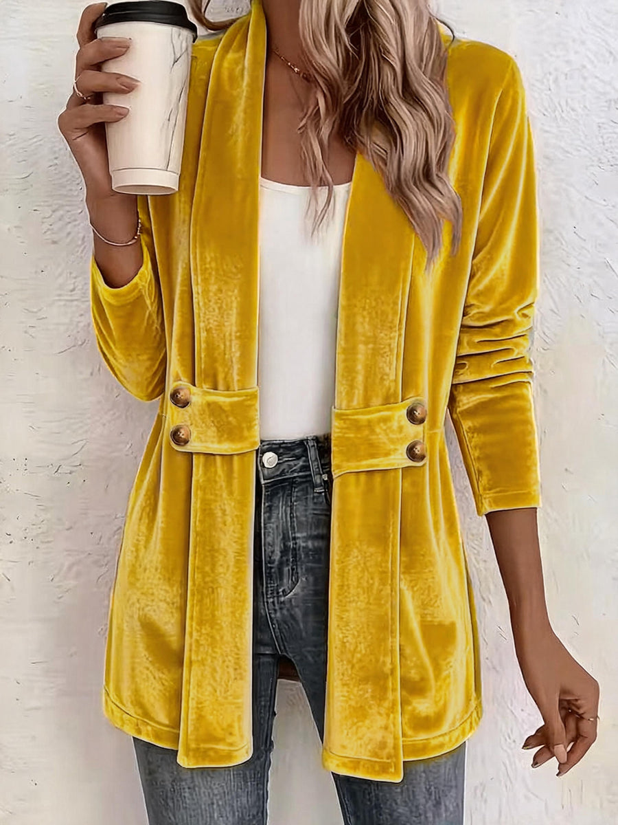 Velvet Solid Color Buttoned Loose Long Sleeves Collarless Outerwear