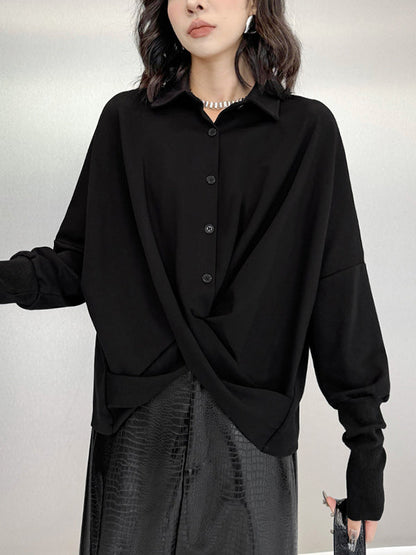 Hipster Irregularity Buttoned Solid Color Twist Lapel Collar Blouses&Shirts Tops
