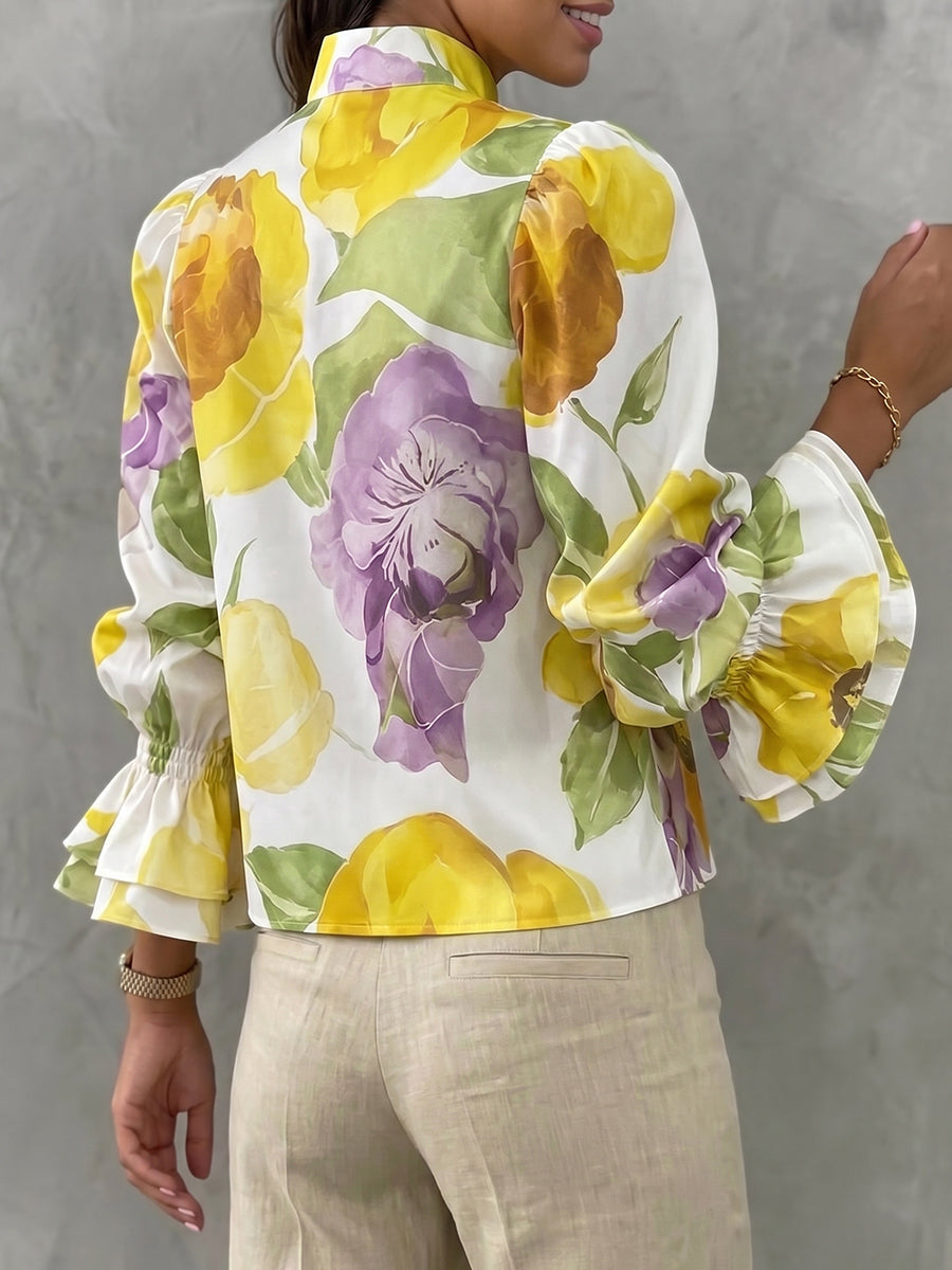 Flared Sleeves Long Sleeves Elasticity Flower Print V-Neck Blouses&Shirts Tops