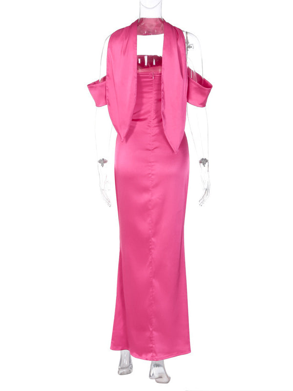 Sleeveless Solid Color Zipper Off-the-shoulder Maxi Dresses