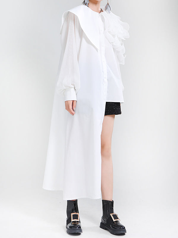Long Sleeves Loose Asymmetric Pleated Solid Color Split-Joint Falbala Lapel Blouses&Shirts Tops