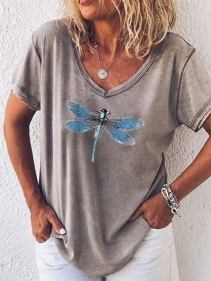 Luna | Women's Dragonfly Print V-Neck Short Sleeve Casual Tee