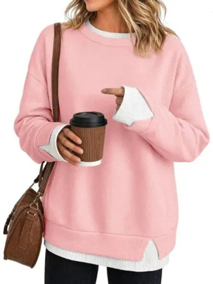 Split-Joint Contrast Color Plus Size Loose Round-neck Sweater Pullovers