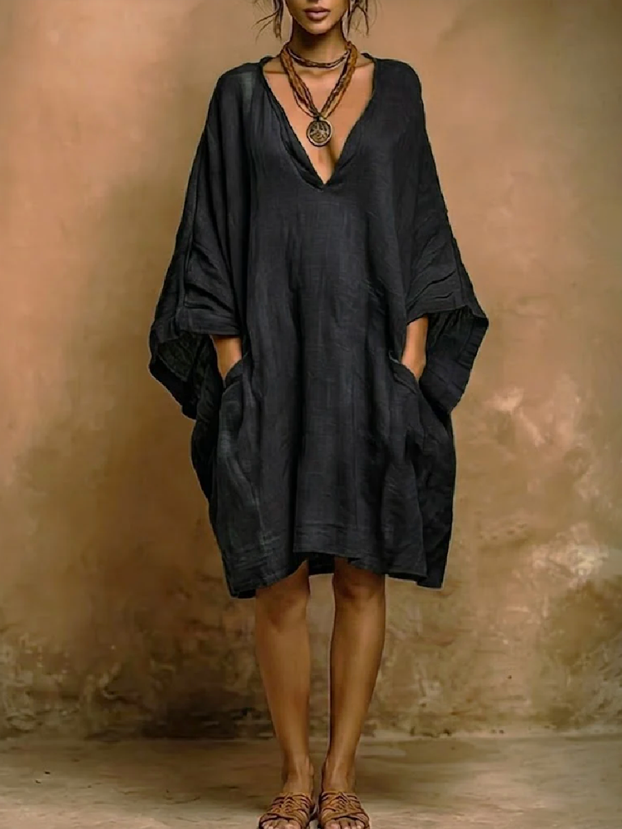 Batwing Sleeves Loose Pockets Solid Color Deep V-Neck Midi Dresses