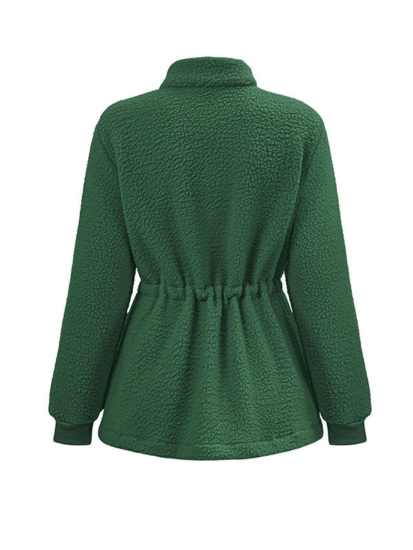 Long Sleeves Loose Drawstring Solid Color Velvet Zipper Stand Collar Outerwear