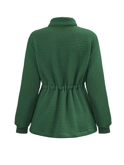 Long Sleeves Loose Drawstring Solid Color Velvet Zipper Stand Collar Outerwear