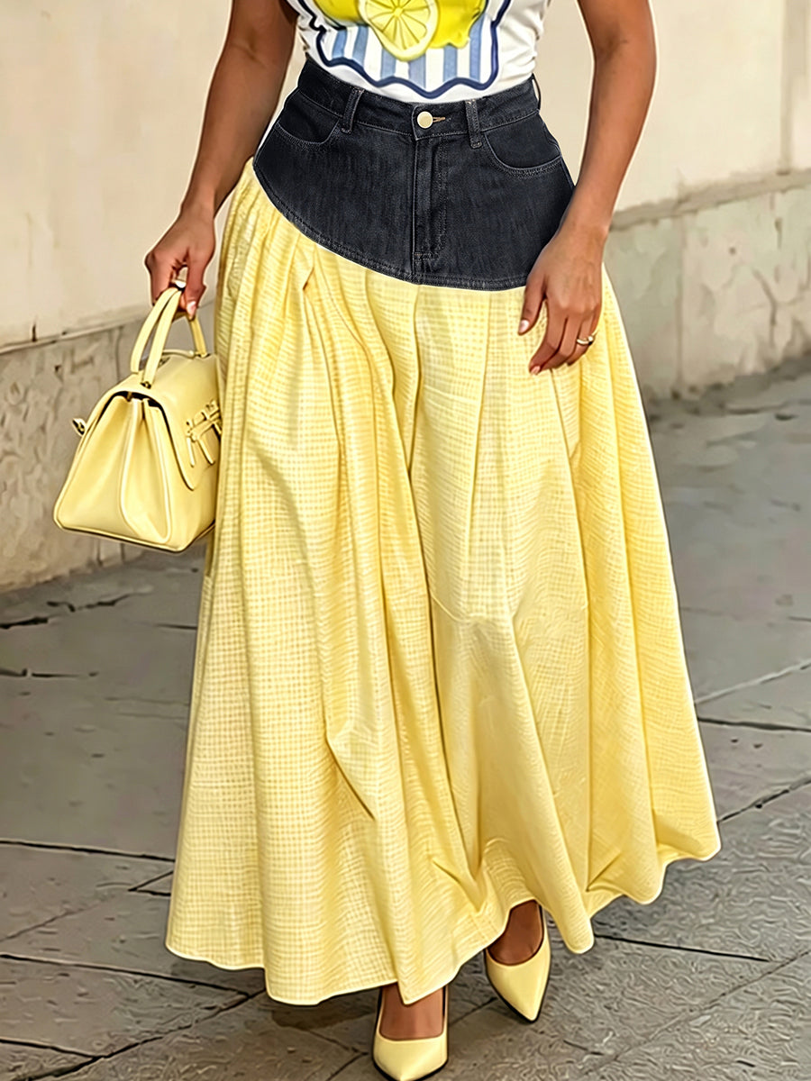 A-Line High Waisted Contrast Color Pleated Pockets Split-Joint Skirts Bottoms