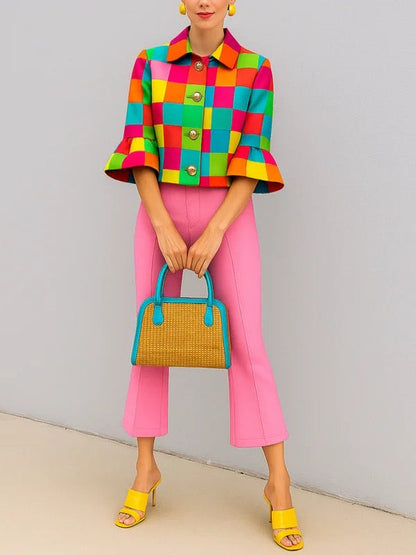 Manteau ample à manches trois-quarts et revers boutonnés à carreaux 