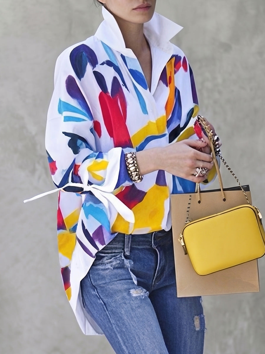 Long Sleeves Loose Buttoned Contrast Color Tied Lapel Blouses&Shirts Tops