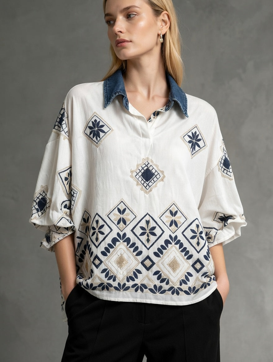 Half Sleeves Loose Buttoned Contrast Color Embroidered Leaves Print Lapel Blouses&Shirts Tops